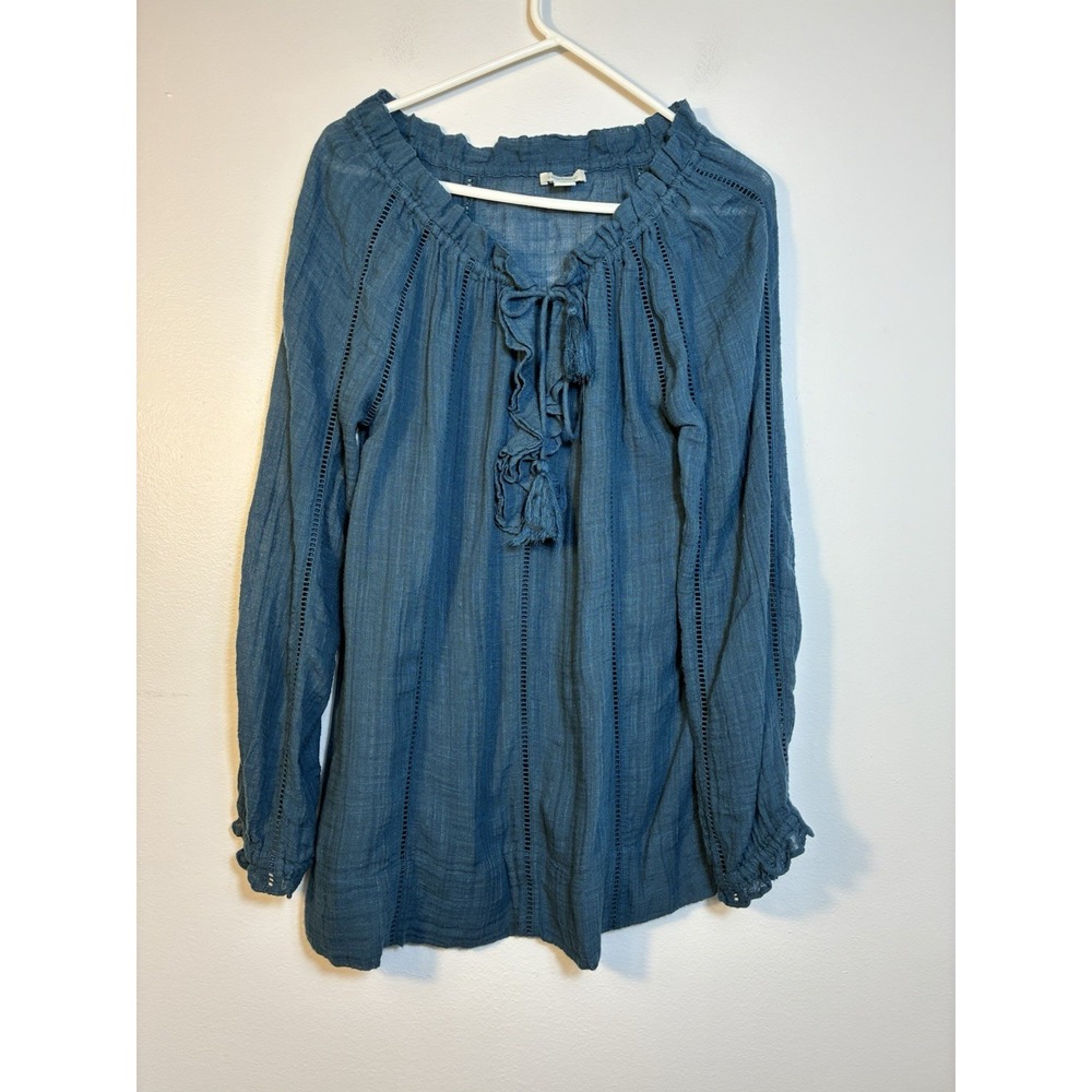 Sundance Long Sleeve Blouse Sz Small Oversized Teal Boho Peasent Ladder Stitch